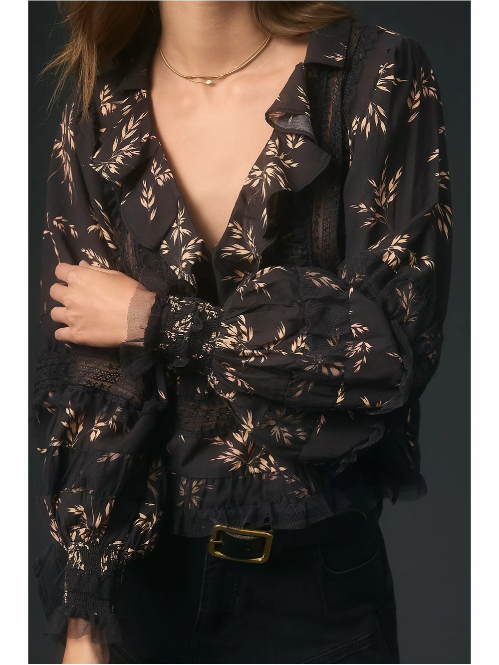 Anthropologie Black Floral Ruffle Collar Blouse Medium
